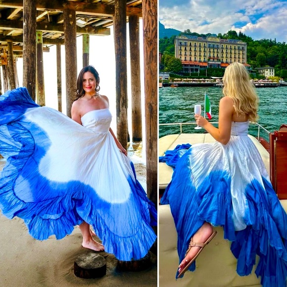 Samant Chauhan Ombre Maxi Dress White Blue Strapless Ruffle Anthropologie S - Picture 1 of 10